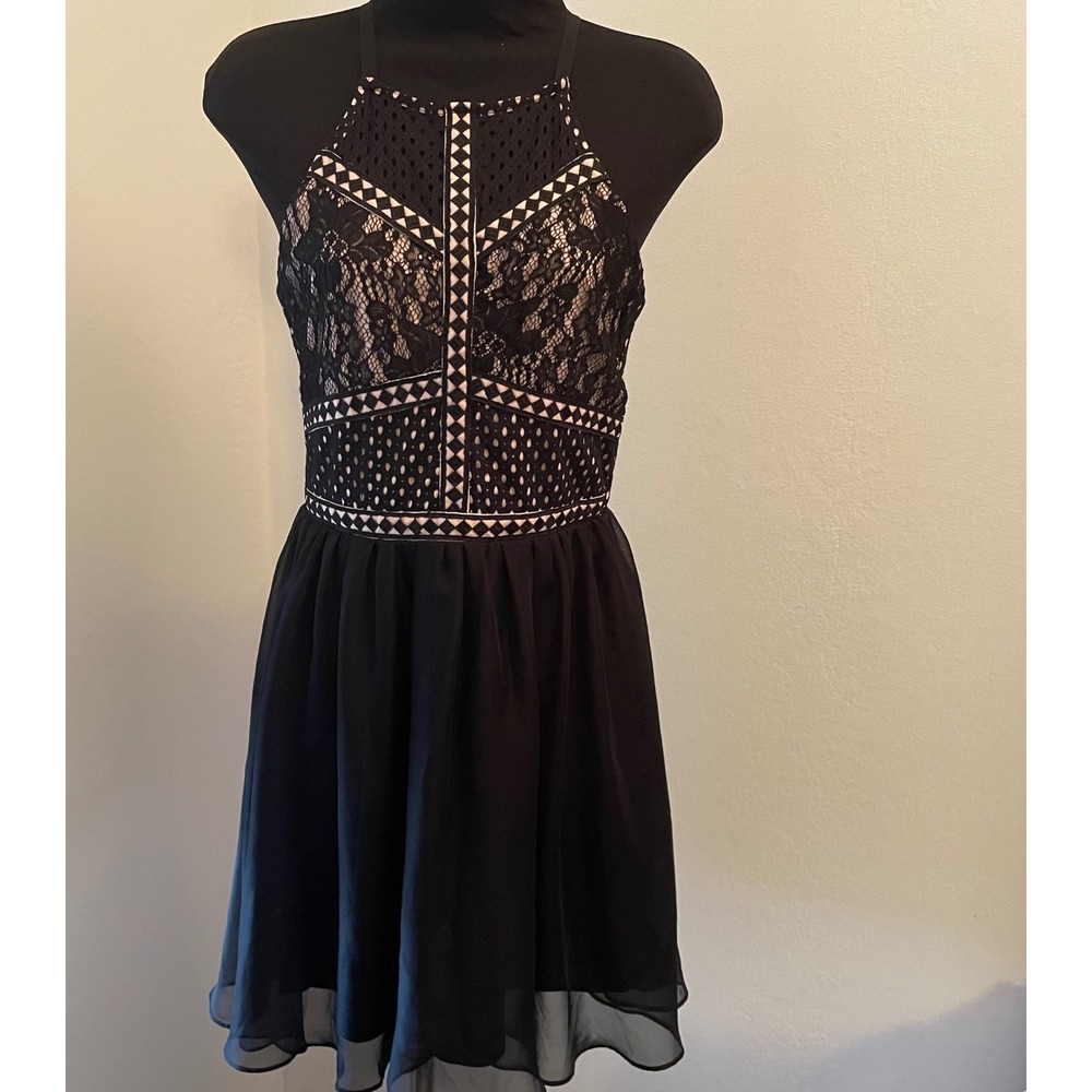 Francesca's Black Lace Halter Cocktail Dress Chiffon Skirt Size S I6217F50A1